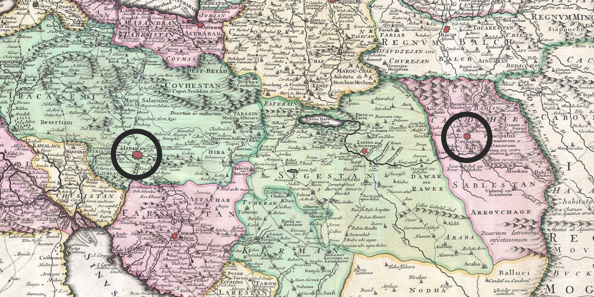 c. 1730 map of southwestern Asia, specifically focusing on Persia, by Reiner and Joshua Ottens (Isfahan and Kandahar highlighted)