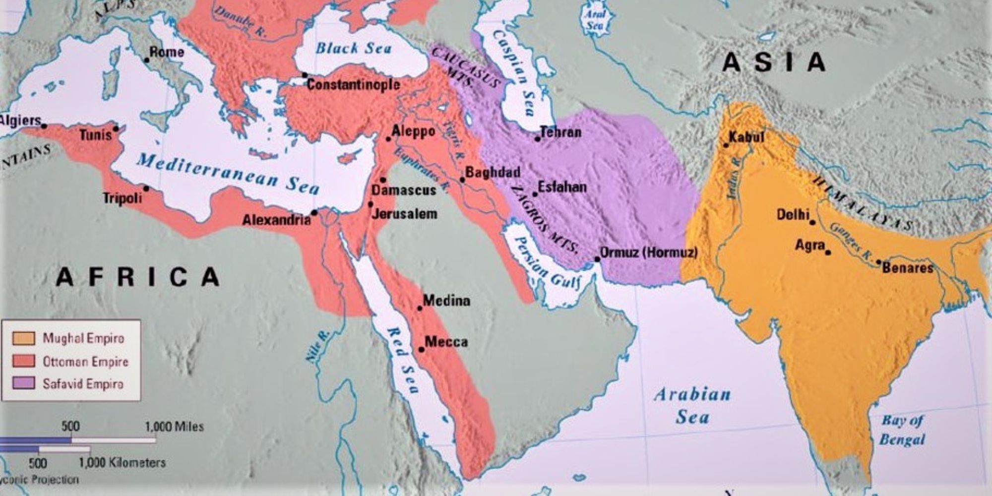 The Muslim Mughal, Safavid and Ottoman Empires at the end of the 1600s. CC BY-SA 4.0.jpg